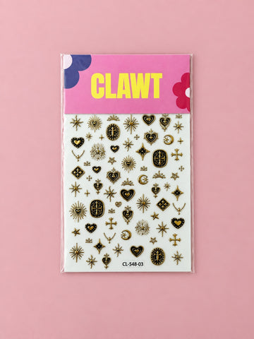 Celestial Charms Nail Stickers in gold – packaged sticker sheet, flat-lay product view
