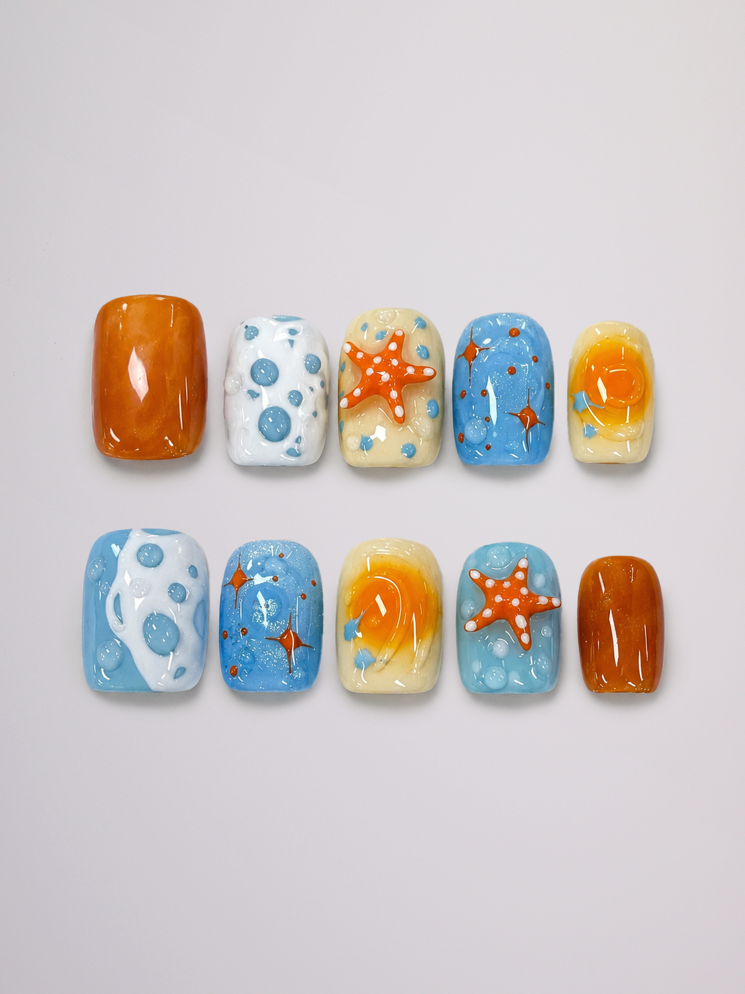 Blue and orange floral press-on nail set