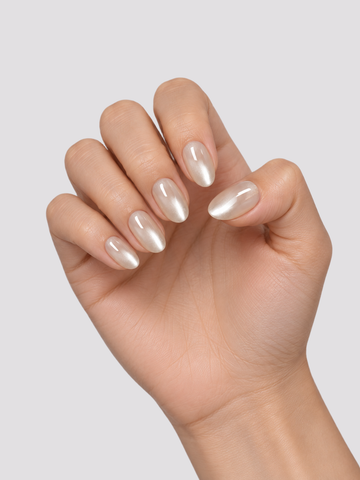 Pearl Veil short oval press-on nails – worn on hands