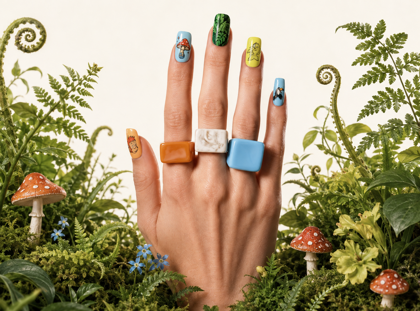 Hand wearing CLAWT x Dario Merlo illustrated press-on nails and chunky rings, surrounded by ferns and mushrooms.